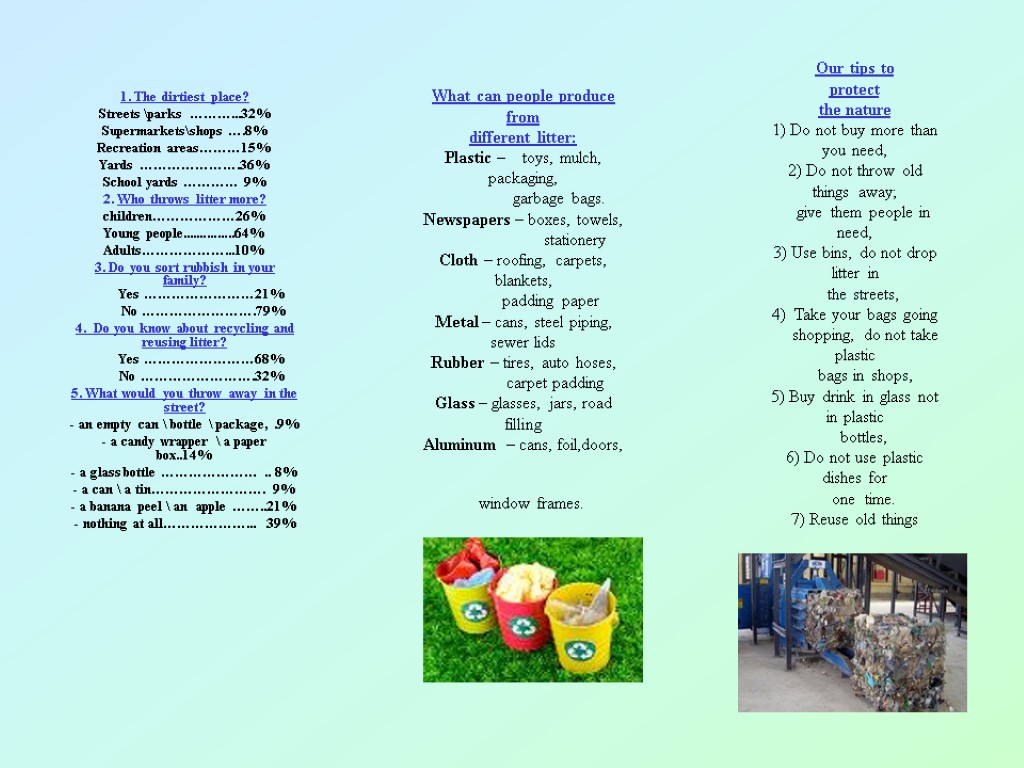 What can people produce from different litter: Plastic – toys, mulch, packaging, garbage bags.